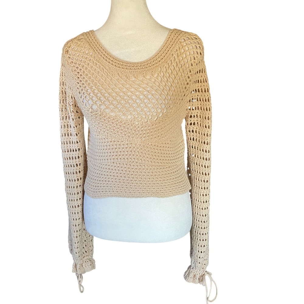Lelis Collection Women Crochet Open Knit V-Back Tie Sweater‎ Festival Med Boho